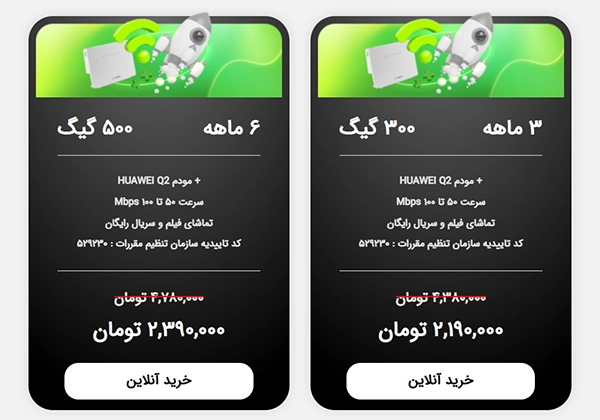 تعرفه فیبر نوری مبین نت