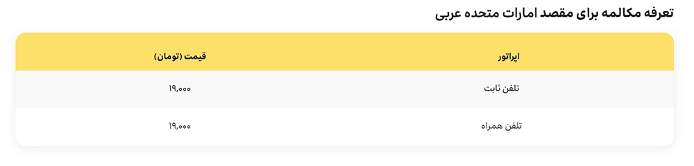 تعرفه مکالمه برای مقصد امارات متحده عربی