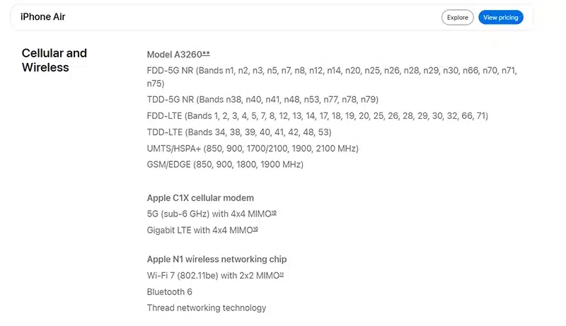 مشخصات مودم و وای فای آیفون ۱۷ ایر